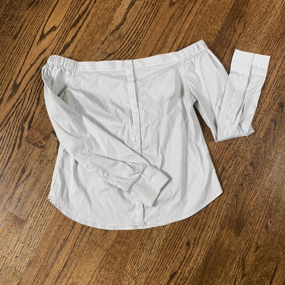 Express off shoulder top white with black stripes